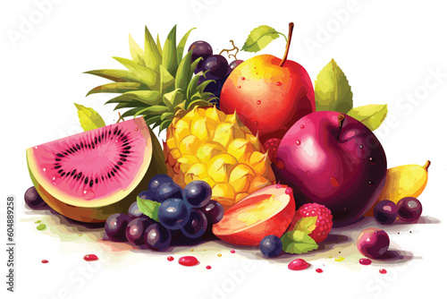 Vector Heap of different fruits and berries isolated on white background.