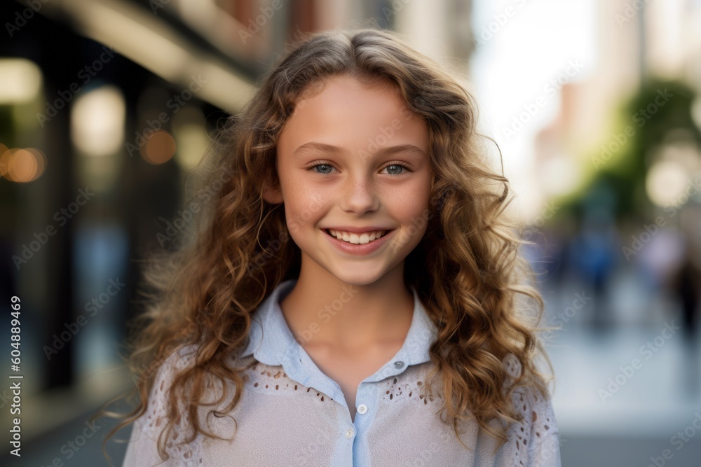 Medium shot portrait photography of a grinning kid female wearing a sophisticated blouse against a lively downtown street background. With generative AI technology Medium shot portrait photography of a grinning kid female wearing a sophisticated blouse against a lively downtown street background. With generative AI technology