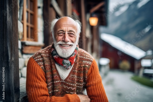 Lifestyle portrait photography of a glad old man wearing a cozy sweater against a picturesque mountain chalet background. With generative AI technology