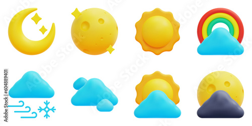 Weather 3d vector icon set. Crescent moon, full moon, sun, rainbow, blizzard, cloud, cloudy day, cloudy night. Isolated on white background. 3d icon vector render illustration.