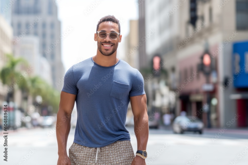 Medium shot portrait photography of a satisfied boy in his 30s wearing breezy shorts against a lively downtown street background. With generative AI technology