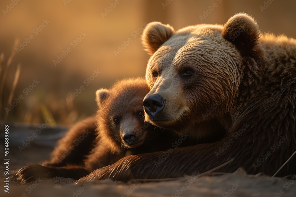 Fototapeta premium Mother bear cuddling tiny bear child