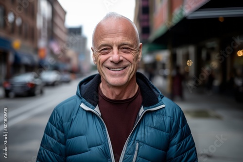 Environmental portrait photography of a grinning mature man wearing a comfortable tracksuit against a lively downtown street background. With generative AI technology
