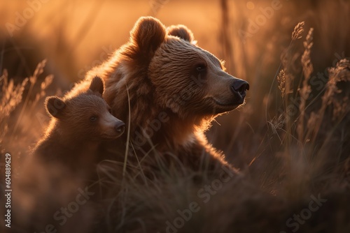 Mother bear cuddling tiny bear child
