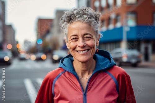 Medium shot portrait photography of a happy mature woman wearing a comfortable tracksuit against a lively downtown street background. With generative AI technology