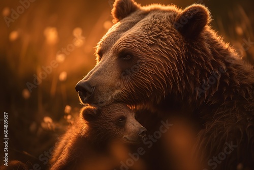 Mother bear cuddling tiny bear child