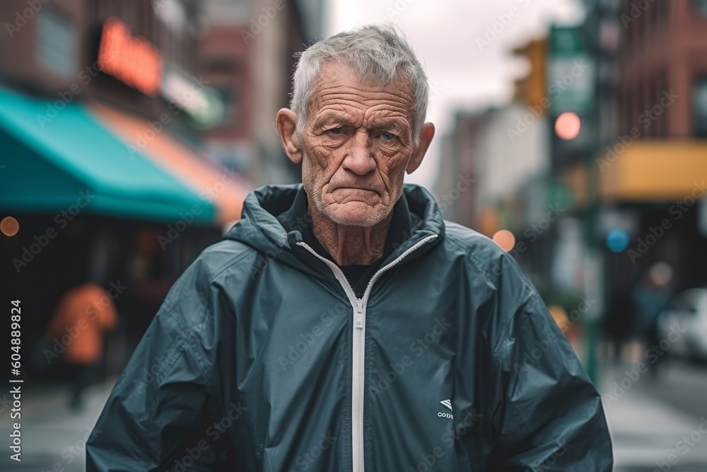 Photography in the style of pensive portraiture of a tender old man wearing a comfortable tracksuit against a lively downtown street background. With generative AI technology Photography in the style of pensive portraiture of a tender old man wearing a comfortable tracksuit against a lively downtown street background. With generative AI technology