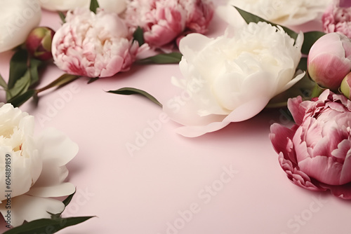 Pink peonies on the pink background. Top view.Generation AI © Iryna