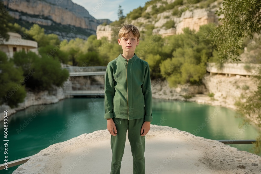 Full-length portrait photography of a satisfied kid male wearing a chic jumpsuit against a scenic hot springs background. With generative AI technology
