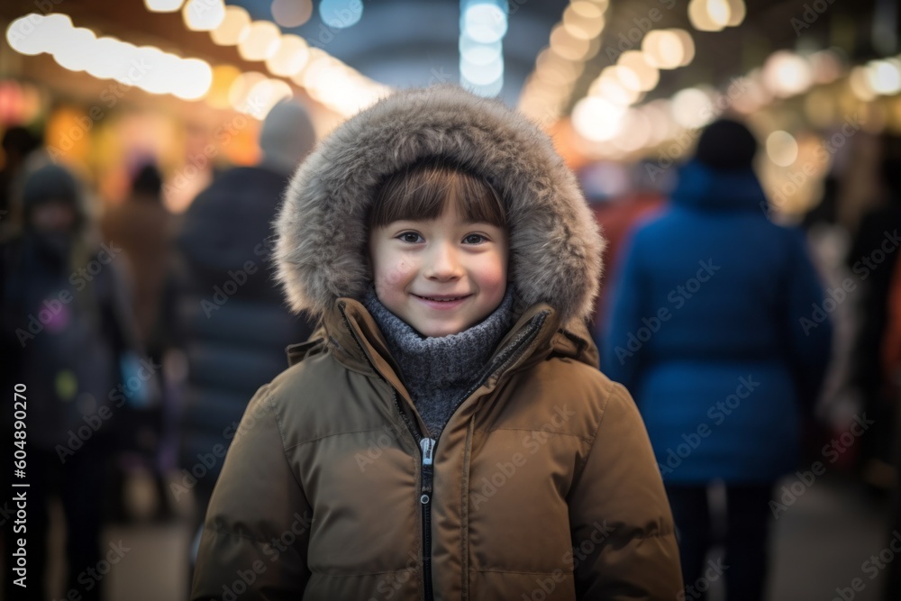 Medium shot portrait photography of a grinning kid female wearing a warm parka against a bustling outdoor bazaar background. With generative AI technology Medium shot portrait photography of a grinning kid female wearing a warm parka against a bustling outdoor bazaar background. With generative AI technology