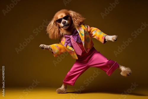 Cocker spaniel dog as disco dance diva Funky music 70s seventies illustration generative ai
