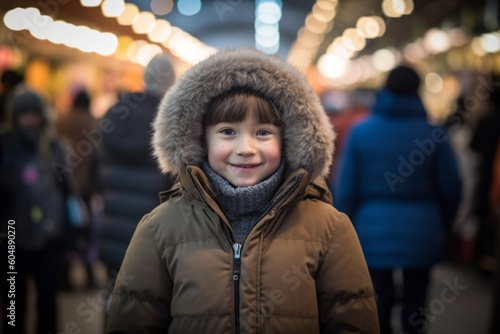Medium shot portrait photography of a grinning kid female wearing a warm parka against a bustling outdoor bazaar background. With generative AI technology © Markus Schröder