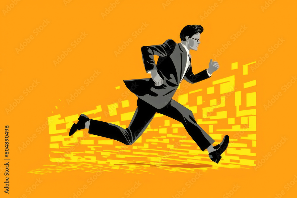 Race Against Time: Hypermodern Graphic Illustration Depicting a Businessman in Motion, Throwing Up, Against a Backdrop of Light Yellow and Dark Orange. Generative AI