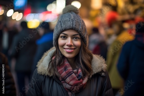 Lifestyle portrait photography of a glad girl in her 30s wearing a cozy winter coat against a bustling outdoor bazaar background. With generative AI technology