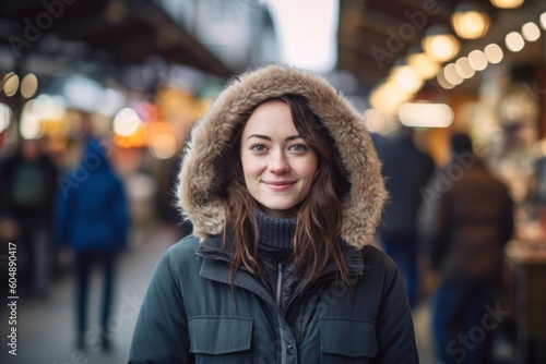Lifestyle portrait photography of a glad girl in her 30s wearing a cozy winter coat against a bustling outdoor bazaar background. With generative AI technology © Markus Schröder