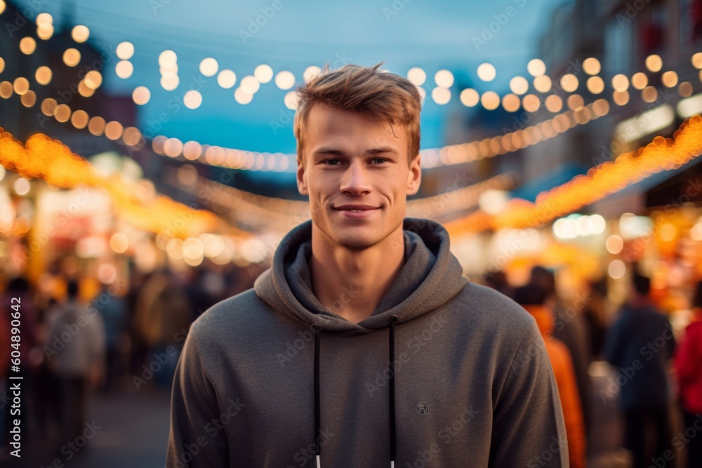 Fototapeta premium Lifestyle portrait photography of a satisfied mature boy wearing a stylish hoodie against a bustling outdoor bazaar background. With generative AI technology