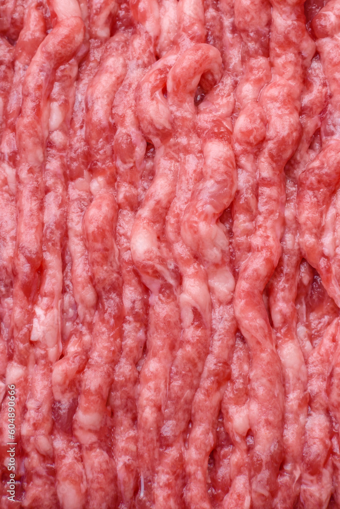 Raw ground beef or pork on a wooden cutting board with spices and salt Raw ground beef or pork on a wooden cutting board with spices and salt