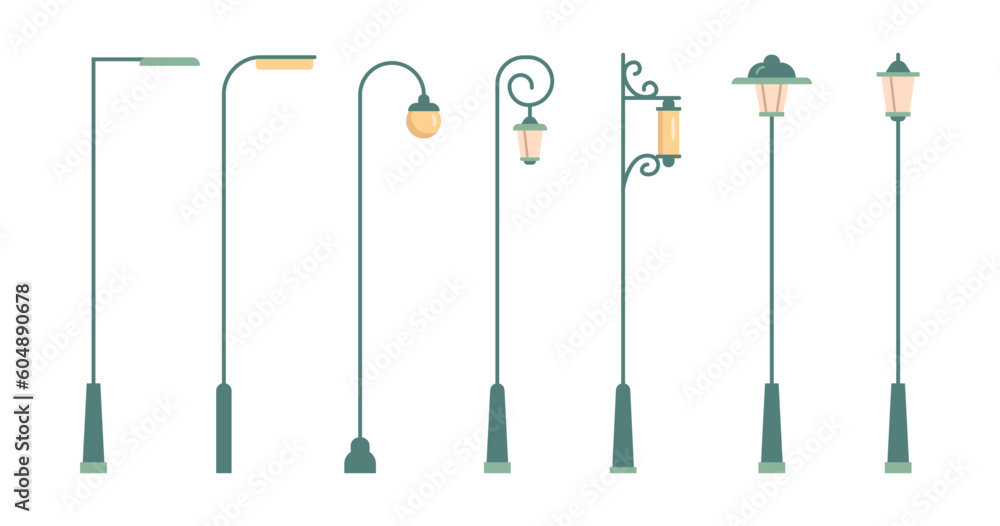 Lighting outdoor garden urban lamps, courtyard illumination metal lanterns. Flat cartoon vector illustration of outside or inside street or road lighting design elements, pillar lamp Lighting outdoor garden urban lamps, courtyard illumination metal lanterns. Flat cartoon vector illustration of outside or inside street or road lighting design elements, pillar lamp