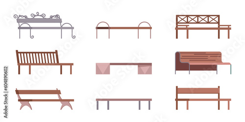 Various wooden garden and city benches flat set, vector illustration in cartoon style. Outdoor wicker benches, furniture park or garden design elements for landscape locations