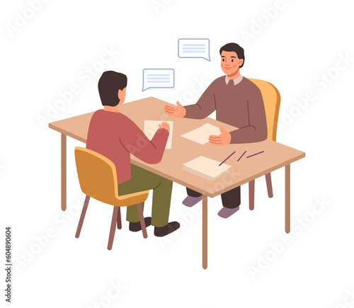 Job interview conversation at big table flat cartoon illustration. HR manager and employee candidate met and talked. People sitting and discussing careers. Business or human resource concept