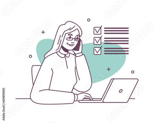 Customer service call center worker with laptop, done task marks. Vector illustration of woman speaking on phone team support member, operator agent character, helpline assistant representative
