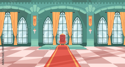 Castle royal ballroom interior with king chair, vector fairytale gallery scene with arch windows. Medieval hall for ball with curtains, dance hallway for monarchy wedding ceremonies, illustration