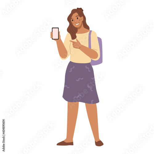 Woman show empty smartphone screen. Mobile phone in girl hand. Happy young entrepreneur showing phone. Student and technology, empty screen advertisement, followers recommendation