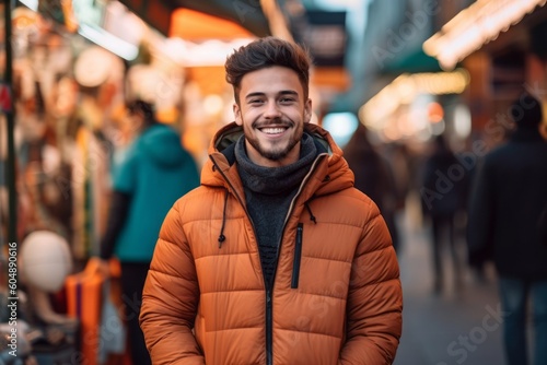 Lifestyle portrait photography of a satisfied mature boy wearing a stylish hoodie against a bustling outdoor bazaar background. With generative AI technology