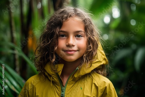 Medium shot portrait photography of a happy kid female wearing a lightweight windbreaker against a scenic tropical rainforest background. With generative AI technology