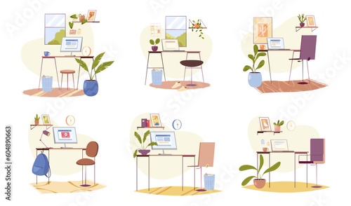 Set of office tables with computers and chairs, set of workplaces in flat cartoon style. Vector illustration of workstation places with laptops, furniture for education, coworking workspace
