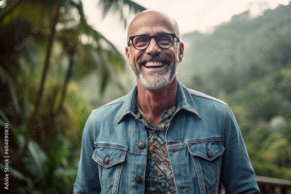 Lifestyle portrait photography of a happy mature man wearing a denim jacket against a scenic tropical rainforest background. With generative AI technology