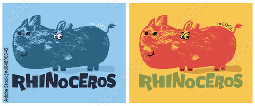 Rhinoceros cool summer t-shirt print set. African animal with slogan. Beach funny child wear illustration.