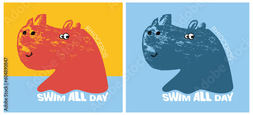 Rhinoceros cool summer t-shirt print. African animal with slogan. Swim all day. Sea beach