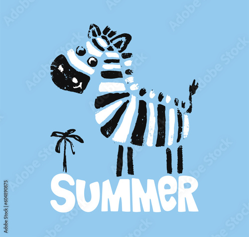 Zebra cool summer t-shirt print. African animal with slogan. Beach funny child wear illustration. Vacation.