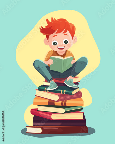 boy student sitting on a pile of books boy student reading a book