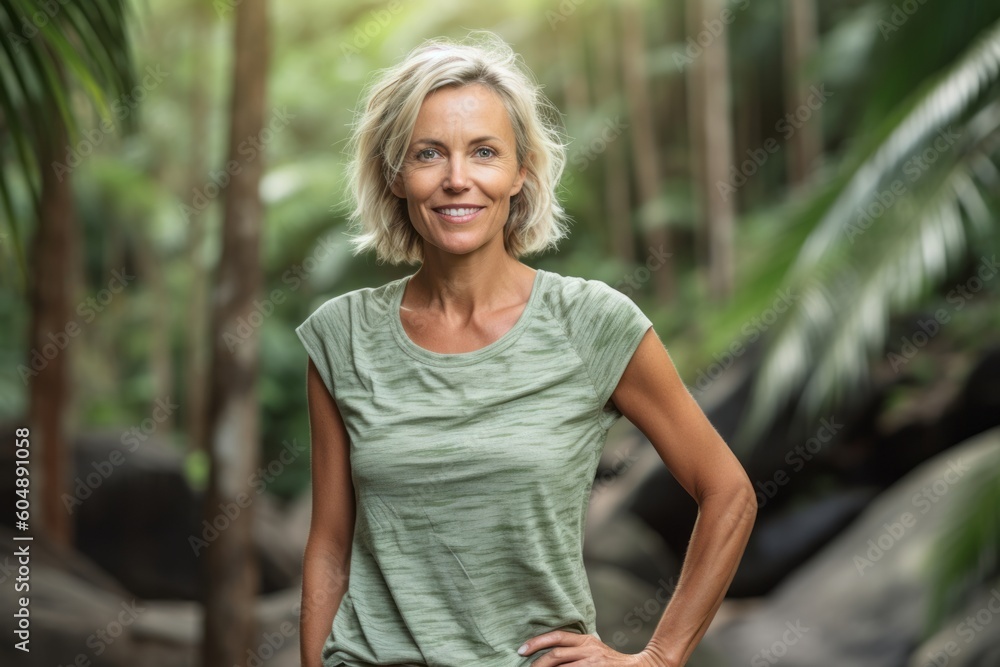 Environmental portrait photography of a satisfied mature woman wearing  breezy shorts against a scenic tropical rainforest background. With  generative AI technology Stock Illustration | Adobe Stock