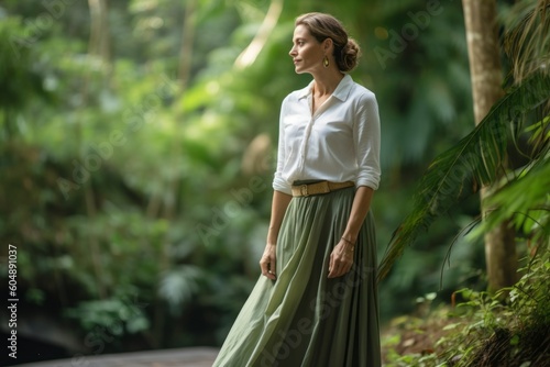 Environmental portrait photography of a glad mature woman wearing an elegant long skirt against a scenic tropical rainforest background. With generative AI technology