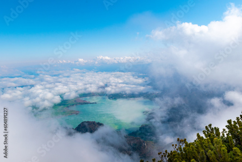 View through the cloud cover of Lake Kochel (Bavaria, Germany)