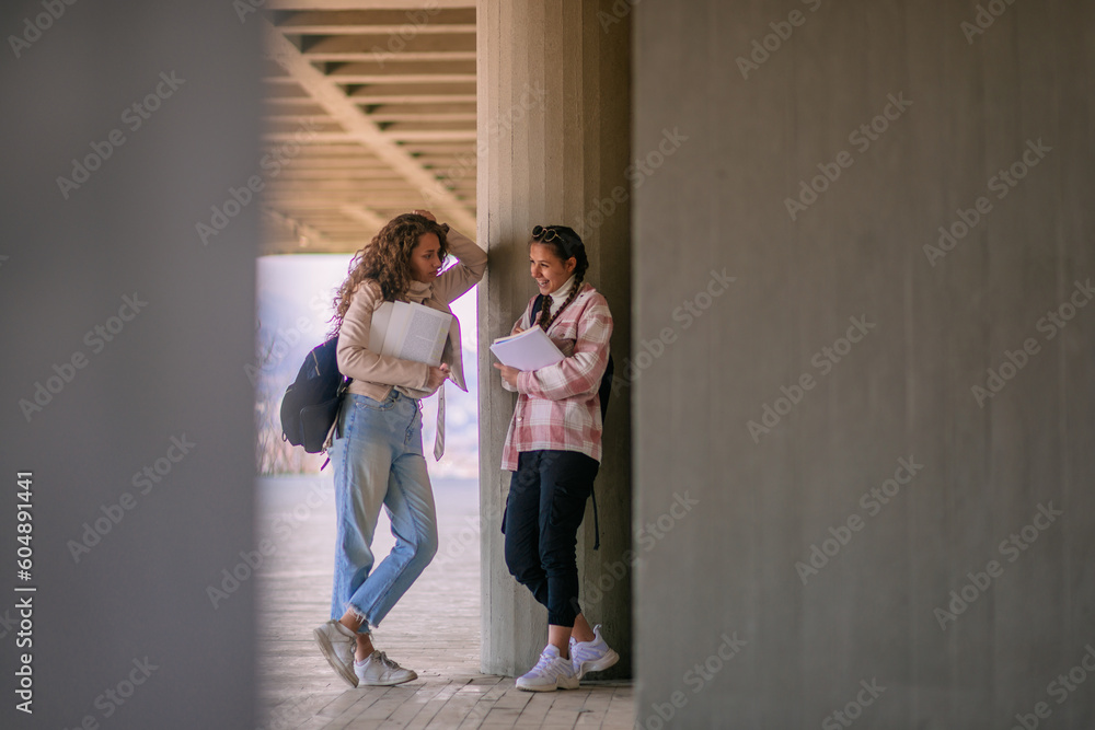 Brunette school girl explaining something to her friend and laughing while leaning on a pillar at the school yard Brunette school girl explaining something to her friend and laughing while leaning on a pillar at the school yard