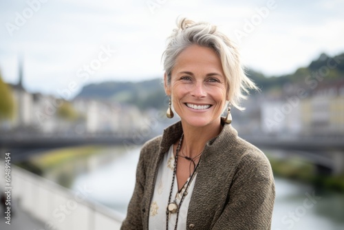 Lifestyle portrait photography of a grinning mature woman wearing a chic cardigan against a picturesque bridge background. With generative AI technology © Markus Schröder