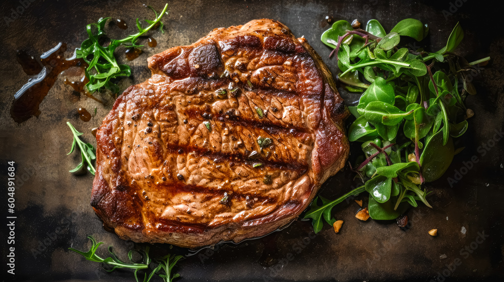 Top down view of sliced steak ribeye, grilled with spices served on cutting board. Gourmet food. Generative AI Top down view of sliced steak ribeye, grilled with spices served on cutting board. Gourmet food. Generative AI
