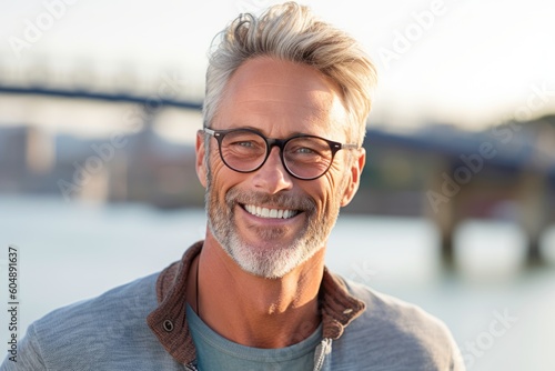 Close-up portrait photography of a grinning mature man wearing comfortable jeans against a picturesque bridge background. With generative AI technology