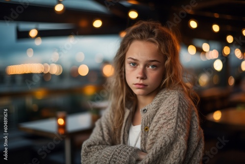 Photography in the style of pensive portraiture of a satisfied kid female wearing a chic cardigan against a lively rooftop bar background. With generative AI technology