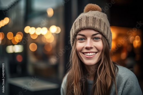 Medium shot portrait photography of a grinning girl in her 30s wearing a warm beanie or knit hat against a lively rooftop bar background. With generative AI technology