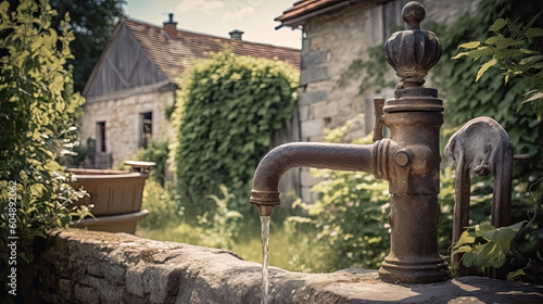 Rustic old water tap in foreground of a country vintage town