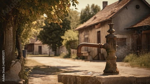 Rustic old water tap in foreground of a country vintage town