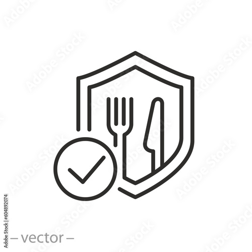 food safety icon, shield with fork and knife, ecological pure product,   thin line symbol - editable stroke vector illustration