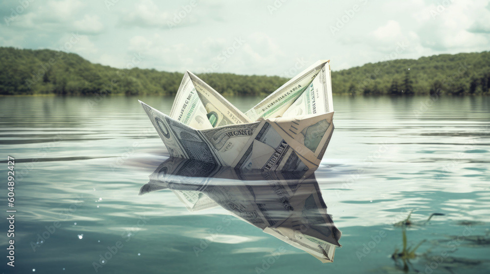 Paper boat made of dollar notes Digital Modern Collage art