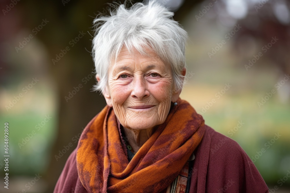 Medium shot portrait photography of a grinning old woman wearing a charming scarf against a peaceful zen garden background. With generative AI technology Medium shot portrait photography of a grinning old woman wearing a charming scarf against a peaceful zen garden background. With generative AI technology
