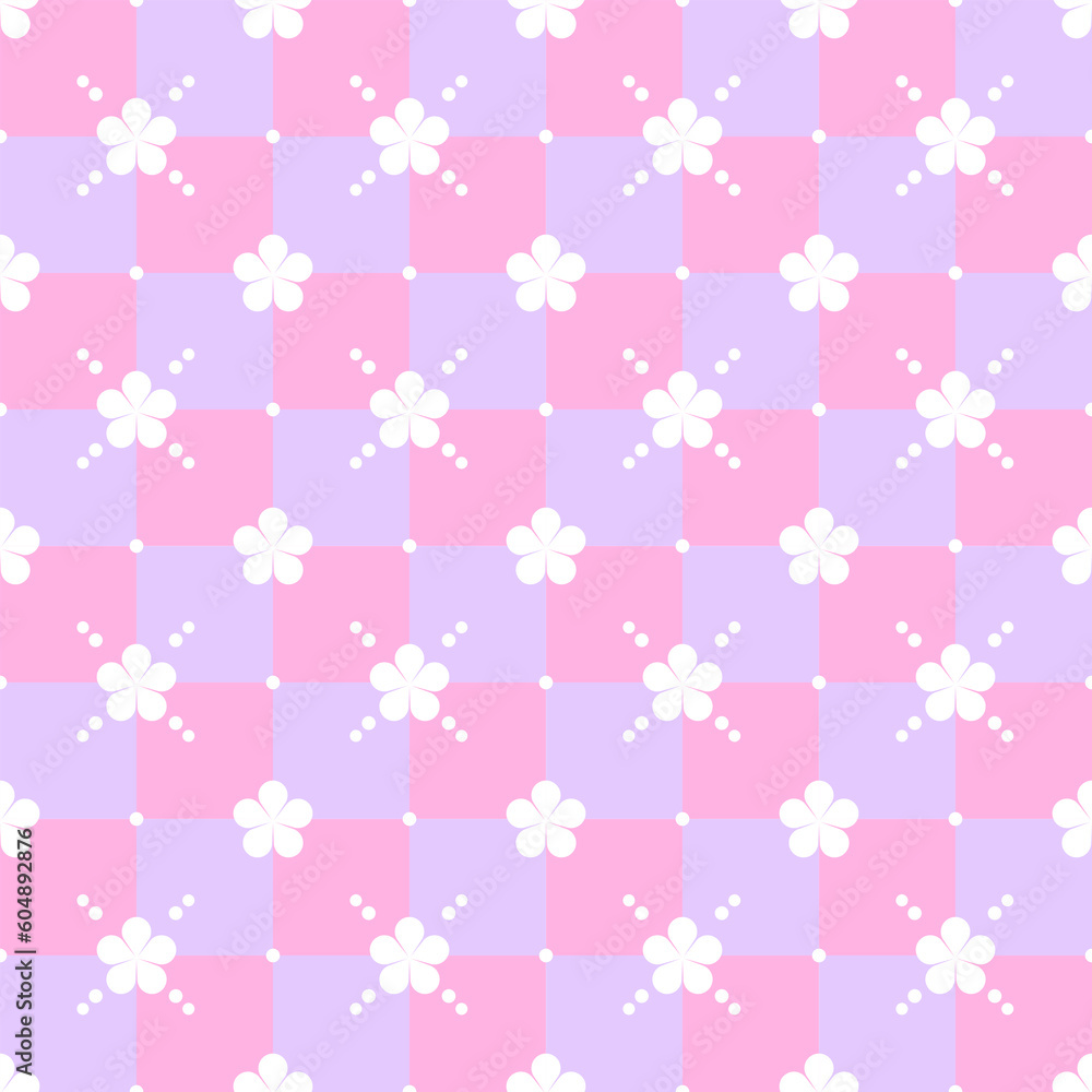In this seamless pattern, arrange white flowers decorated with white dots around the flowers, and placed on the diagonal table background alternate pastel pink and pastel purple in a beautiful order.